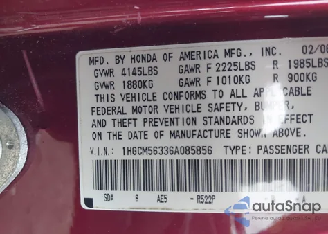 2006 Honda Accord 2.4 Se из США, поврежденный, VIN 1HGCM56336A085856